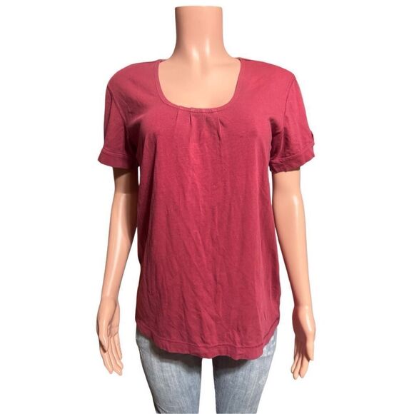 Women's scoop neck short sleeve Burgundy tee button back stretch jersey top M - Picture 1 of 6